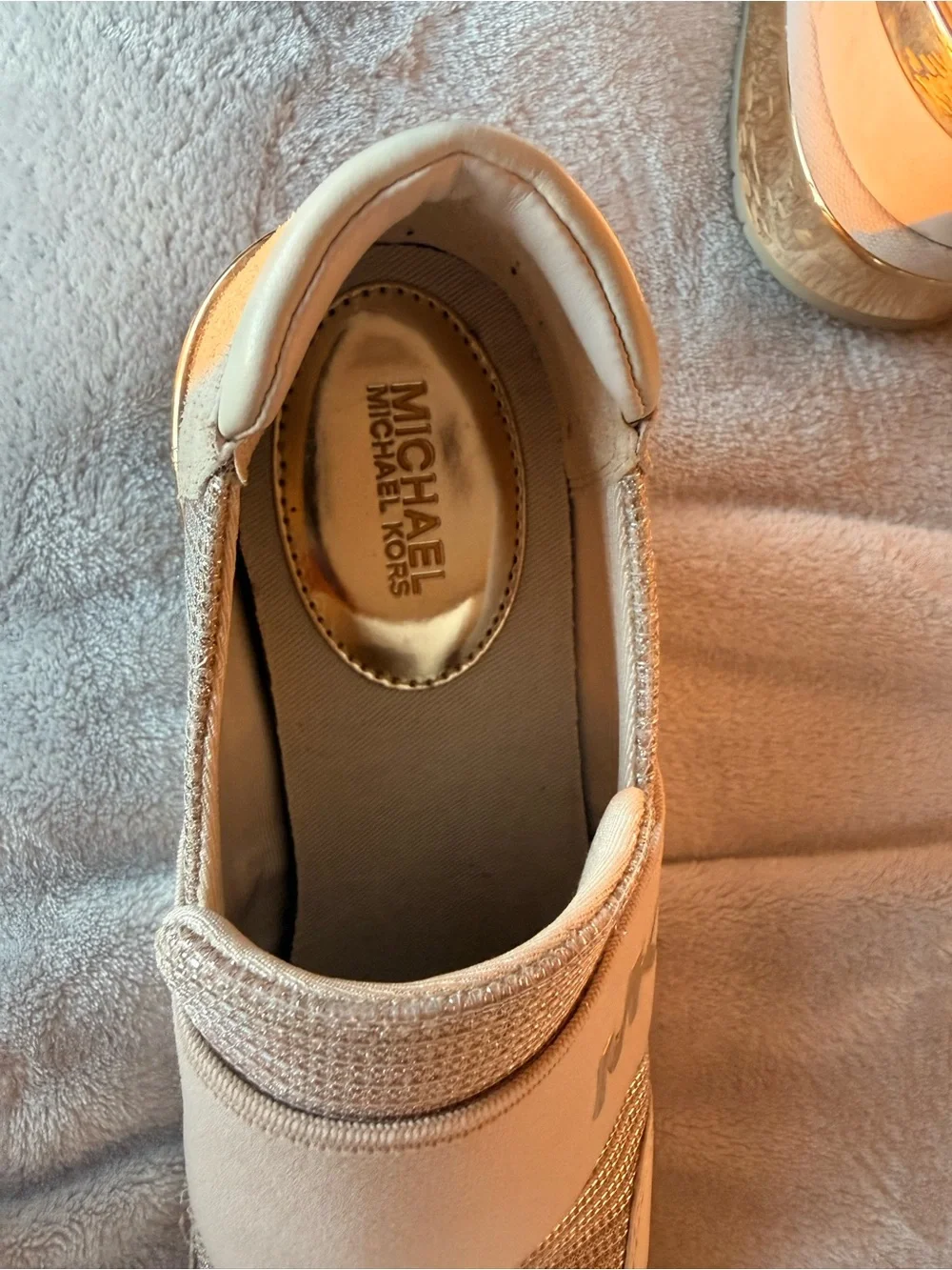 Michael Kors Beige Knit Slip-On Sneakers with Gold Accents